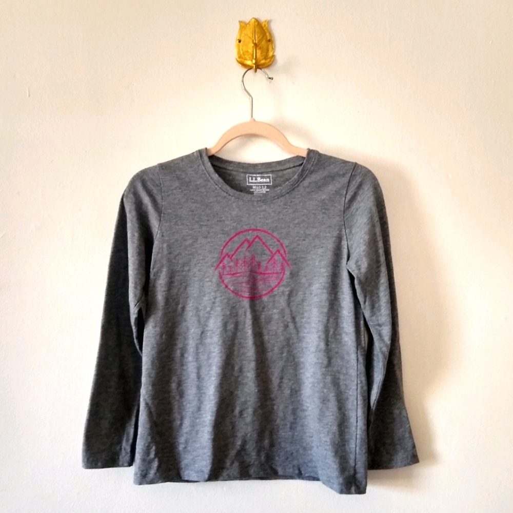 L.L. Bean Gray Logo-Graphic Girl's Cotton Long-Sleeved Tee Shirt Sz Medium